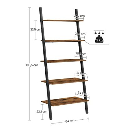 VASAGLE Industrial Style Ladder Bookcase Bookcase Storage Unit 5 Tier Tilted Shelf for Living Room Kitchen Office Steel Frame Stable Rustic Brown LLS46BX 4 VASAGLE Industrial Style Ladder Bookcase Bookcase Storage Unit 5 Tier Tilted Shelf for Living Room Kitchen Office Steel Frame Stable Rustic Brown LLS46BX - Image 4