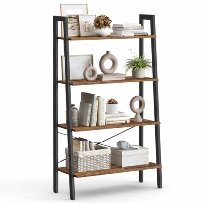 VASAGLE Ladder Shelf, 4-Tier Bookshelf, Storage Rack, Bookcase with Steel Frame, for Living Room, Home Office, Kitchen, Bedroom, Industrial Style, Rustic Brown and Black ULLS144B01 2 VASAGLE Ladder Shelf, 4-Tier Bookshelf, Storage Rack, Bookcase with Steel Frame, for Living Room, Home Office, Kitchen, Bedroom, Industrial Style, Rustic Brown and Black ULLS144B01 - Image 2