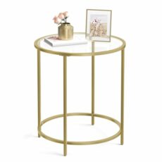 VASAGLE Round Side Table, Glass End Table with Metal Frame