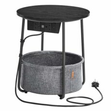 VASAGLE Side Table with Charging Station, Round End Table with Power Outlets, USB Ports, Fabric Basket, Living Room, Bedroom, Bedside Table, Modern