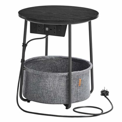 VASAGLE Side Table with Charging Station, Round End Table with Power Outlets, USB Ports, Fabric Basket, Living Room, Bedroom, Bedside Table, Modern - Image 2