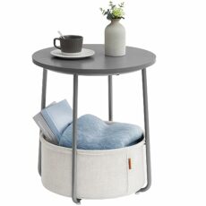 VASAGLE Small Round Side End Table, Modern Nightstand with Fabric Basket, Particleboard, Steel, Polyester