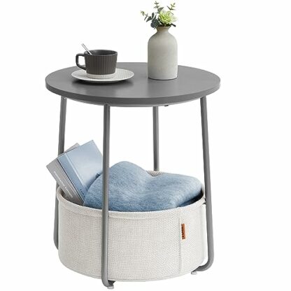 VASAGLE Small Round Side End Table, Modern Nightstand with Fabric Basket, Particleboard, Steel, Polyester - Image 2