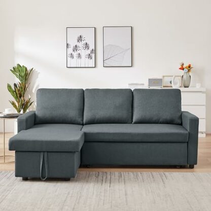 VEGGº SCANDINAVIAN STYLE CORNER SOFA BED DARK GREY FABRIC WITH STORAGE UNIVERSAL CHASE SIDE - Image 4