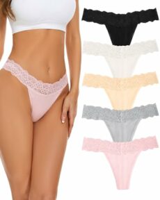 VOENXE Seamless Lace Thongs for Women,No Show Ladies Knickers Underwear,Lady Breathable Thong,No VPL Comfortable Panties Soft Laser Cut Undie Tanga,5-Pack