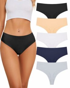 VOENXE Seamless Women Underwear Thongs,High Waisted Cut No Show Ladies Knickers,No Vpl Breathable Panties,Multipack High Rise Comfortable Briefs,Invisible Tanga Undies,5-Pack