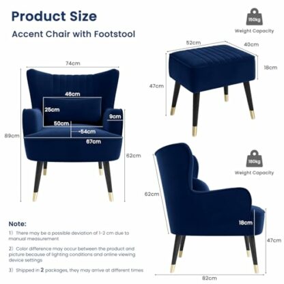 Vesgantti Velvet Armchair and Lumbar Pillow, Modern Wing Back Accent Chair with Ottoman, Large Occasional Chair for Living Room Bedroom Study Room Office 4 Vesgantti Velvet Armchair and Lumbar Pillow, Modern Wing Back Accent Chair with Ottoman, Large Occasional Chair for Living Room Bedroom Study Room Office - Image 4