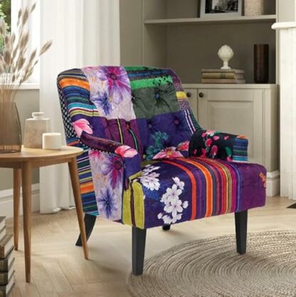 Vibrant Elegant Low - Back Buttoned Multicoloured Patchwork Accent Chair – Occasional Unique Striped Floral Durable Fabric Armchair for Small Spaces , Reading Nook , Bedroom Living Room Office - Image 3
