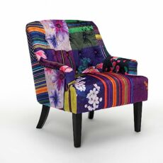 Vibrant Elegant Low - Back Buttoned Multicoloured Patchwork Accent Chair – Occasional Unique Striped Floral Durable Fabric Armchair for Small Spaces , Reading Nook , Bedroom Living Room Office