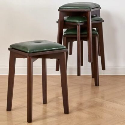 Wooden Stackable Kitchen Counter Stools with Leather Seat and Backrest Set of 4 - Image 3