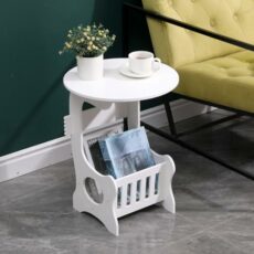 White End Table with Storage Basket, Bedside Table Nightstand for Bedroom, Small Coffee Table for Living Room, Space Saving Side Table for Balcony Hallway, Bathroom Side Table