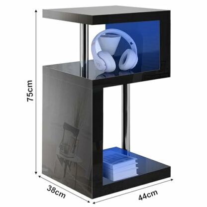 White High Gloss Coffee Table Side Table Coffee End Table With LED RGB Lights Coffee Table For Living Room, 2 Tier Storage Shelves S Shape Rectangle Table - Image 3