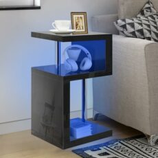 White High Gloss Coffee Table Side Table Coffee End Table With LED RGB Lights Coffee Table For Living Room, 2 Tier Storage Shelves S Shape Rectangle Table