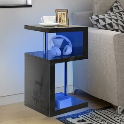 White High Gloss Coffee Table Side Table Coffee End Table With LED RGB Lights Coffee Table For Living Room, 2 Tier Storage Shelves S Shape Rectangle Table - Image 2