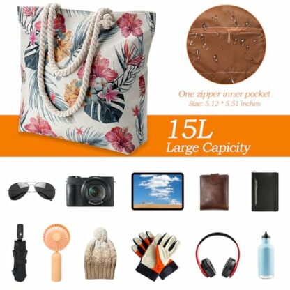 Wikay Large Beach Tote Bag Canvas Tote Bag with Zipper Floral Beach Tote Bag with Rope Handle Handbags Shoulder Bag Shopping Bag for Women for Travel Pool Shopping Holiday Gym - Image 3