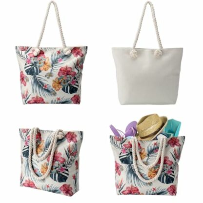 Wikay Large Beach Tote Bag Canvas Tote Bag with Zipper Floral Beach Tote Bag with Rope Handle Handbags Shoulder Bag Shopping Bag for Women for Travel Pool Shopping Holiday Gym - Image 4