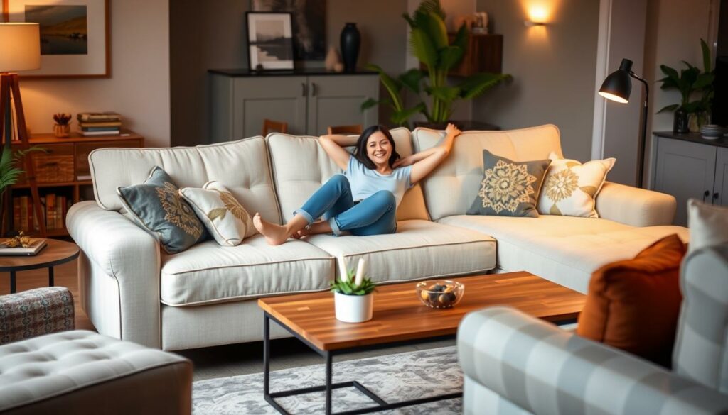 Woman having a Relaxing moment in a popular UK brand sofa Woman having a Relaxing moment in a popular UK brand sofa