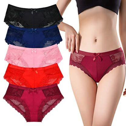 Women's Lace Knickers Multipack of 5, Ultra Thin Floral Lace Briefs Ladies, Sexy Panties with Bow, Stretchy Low Rise Bikini Hipster Lace Underwear for Women - Image 2