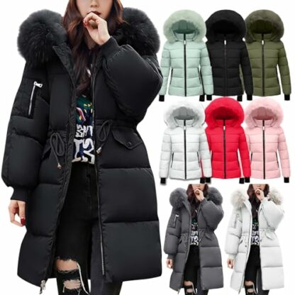 Women's Quilted Down Jacket Winter Mid-lenght Puffer Coats Ladies Lightweight Waterproof Jackets with Fur Hood Plus Size Slim Trench Coat Long Sleeve Warm Outwear Outdoor Hiking Costumes UK - Image 2