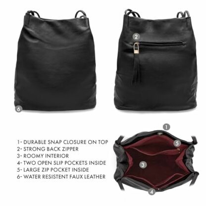 Woodland Leathers Women's Medium Size Vegan Leather Hobo Bucket Tote Handbags For Women - Elegant Black Handbag With Long Straps, Stylishly Spacious Designer Elegance bags for women - Image 4