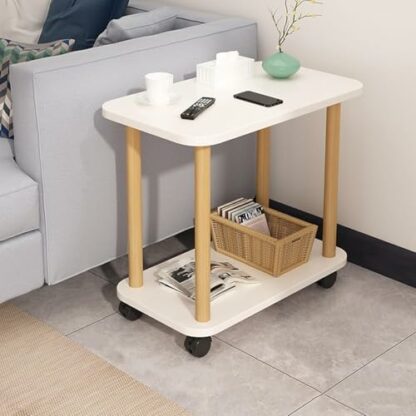 Worparsen Rolling Sofa Side Table,2-Tier small end table,Wood Overbed Table With Wheels,Side Table End Table Bedside Table Nightstand,Solid Wood Slim Snack Coffee Table for Living Room, Bedroom - Image 3