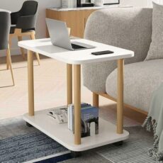 Worparsen Rolling Sofa Side Table,2-Tier small end table,Wood Overbed Table With Wheels,Side Table End Table Bedside Table Nightstand,Solid Wood Slim Snack Coffee Table for Living Room, Bedroom