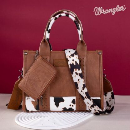 Wrangler Cow Print Tote Bag Sets for Women 2Pcs Western Handbags and Card Wallet Designer Satchel Purses - Image 3