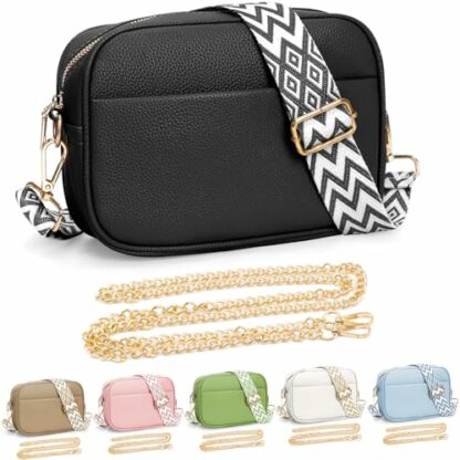 YILCER Crossbody Bag for Women, Small Leather Cross Body Bag Ladies Camera Handbag, Pom Pom London Bags Shoulder Bag with Changeable Guitar Wide Strap (2 Shoulder Straps) 2 YILCER Crossbody Bag for Women, Small Leather Cross Body Bag Ladies Camera Handbag, Pom Pom London Bags Shoulder Bag with Changeable Guitar Wide Strap (2 Shoulder Straps) - Image 2
