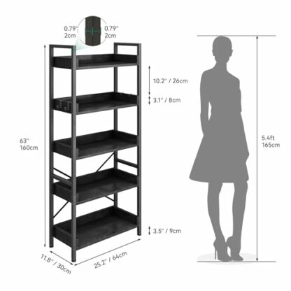 YITAHOME Bookcase 5 Tiers, Floor Standing Book Shelf, Wooden Shelf and Stable Steel Frame Shelving Units with 4 Hooks Industrial Storage Shelf for Living Room, Home Office 3 YITAHOME Bookcase 5 Tiers, Floor Standing Book Shelf, Wooden Shelf and Stable Steel Frame Shelving Units with 4 Hooks Industrial Storage Shelf for Living Room, Home Office - Image 3