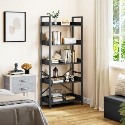 YITAHOME Bookcase 5 Tiers, Floor Standing Book Shelf, Wooden Shelf and Stable Steel Frame Shelving Units with 4 Hooks Industrial Storage Shelf for Living Room, Home Office 4 YITAHOME Bookcase 5 Tiers, Floor Standing Book Shelf, Wooden Shelf and Stable Steel Frame Shelving Units with 4 Hooks Industrial Storage Shelf for Living Room, Home Office - Image 4