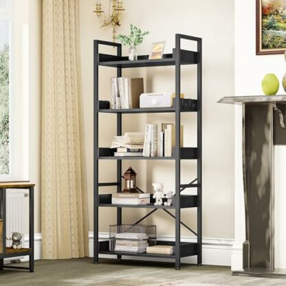 YITAHOME Bookcase 5 Tiers, Floor Standing Book Shelf, Wooden Shelf and Stable Steel Frame Shelving Units with 4 Hooks Industrial Storage Shelf for Living Room, Home Office 2 YITAHOME Bookcase 5 Tiers, Floor Standing Book Shelf, Wooden Shelf and Stable Steel Frame Shelving Units with 4 Hooks Industrial Storage Shelf for Living Room, Home Office - Image 2