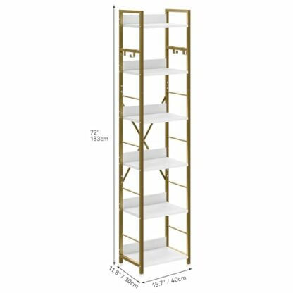 YITAHOME Bookcase 6 Tiers, Floor Standing Book Shelf with 4 Hooks, Wooden Shelf and Metal Frame Book Rack Industrial Tall Shelf unit Storage for Living Room, Home Office - Image 3
