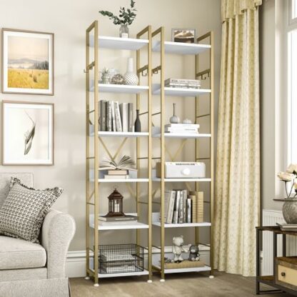 YITAHOME Bookcase 6 Tiers, Floor Standing Book Shelf with 4 Hooks, Wooden Shelf and Metal Frame Book Rack Industrial Tall Shelf unit Storage for Living Room, Home Office - Image 4