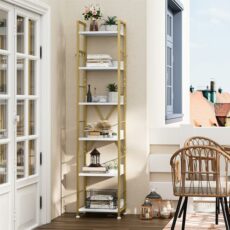 YITAHOME Bookcase 6 Tiers, Floor Standing Book Shelf with 4 Hooks, Wooden Shelf and Metal Frame Book Rack Industrial Tall Shelf unit Storage for Living Room, Home Office