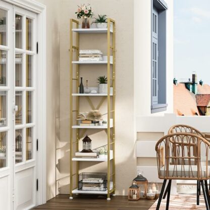 YITAHOME Bookcase 6 Tiers, Floor Standing Book Shelf with 4 Hooks, Wooden Shelf and Metal Frame Book Rack Industrial Tall Shelf unit Storage for Living Room, Home Office - Image 2