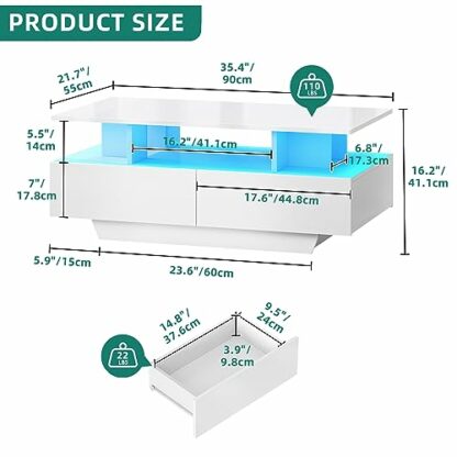 YITAHOME Coffee Table with Storage, High Glossy 16 Color Adjustable LED Coffee Tables for Living Room, white Coffee Table with Open Display Shelf and 4 Drawers, Modern Wooden Rectangle Tea Table - Image 3