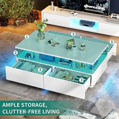 YITAHOME Coffee Table with Storage, High Glossy 16 Color Adjustable LED Coffee Tables for Living Room, white Coffee Table with Open Display Shelf and 4 Drawers, Modern Wooden Rectangle Tea Table - Image 4