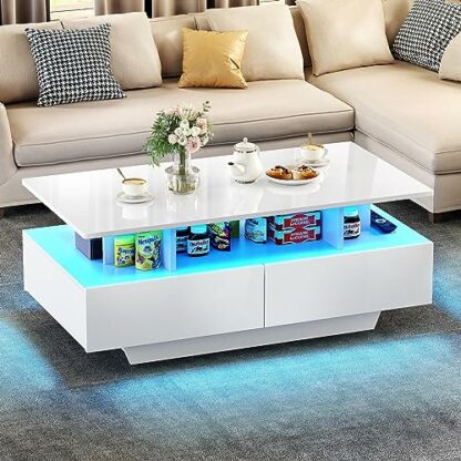 YITAHOME Coffee Table with Storage, High Glossy 16 Color Adjustable LED Coffee Tables for Living Room, white Coffee Table with Open Display Shelf and 4 Drawers, Modern Wooden Rectangle Tea Table - Image 2