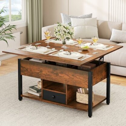 YITAHOME Lift Top Coffee Table with Drawers, 4 in 1 Multi-Function Liftable Coffee Table with Storage and Hidden Compartment, Coffee Table Converts to Dining Table for Living Room, Rustic Brown - Image 3