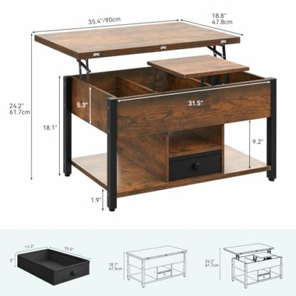 YITAHOME Lift Top Coffee Table with Drawers, 4 in 1 Multi-Function Liftable Coffee Table with Storage and Hidden Compartment, Coffee Table Converts to Dining Table for Living Room, Rustic Brown - Image 4