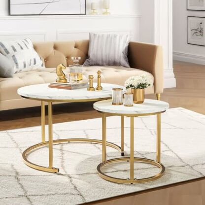 YITAHOME Modern Nesting Coffee Table Set of 2 for Living Room, White Round Wood Coffee Tables Stacking Accent Cocktail Tables End Side Table with Sturdy Metal Frame, Easy Assembly - Image 2
