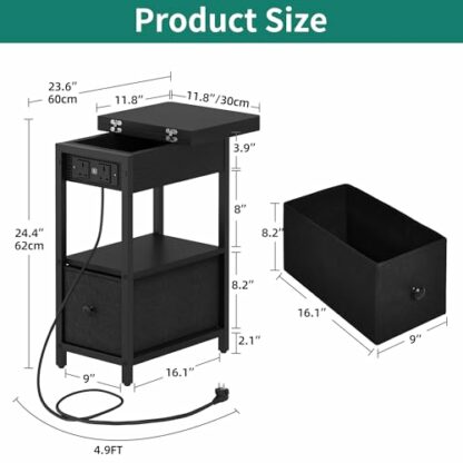 YITAHOME Narrow Side Table with Charging Station, Black Slim Side Table with Storage End Table with Drawers, Bedside Table with USB Ports Outlets Sofa Table Nightstand for Living Room, Bedroom - Image 3