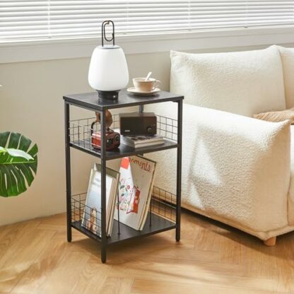 YMYNY 3 Tier End Table, Record Player Stand with Storage, Industrial Tall Side Table, Small Bookshelf, Bookcase, Display Rack, Telephone Table for Living Room Bedroom 40×29×62.5CM Rustic Brown HST009H - Image 3