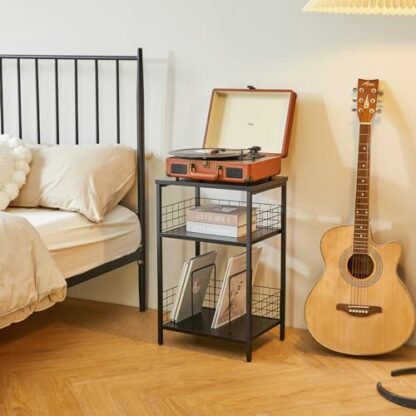YMYNY 3 Tier End Table, Record Player Stand with Storage, Industrial Tall Side Table, Small Bookshelf, Bookcase, Display Rack, Telephone Table for Living Room Bedroom 40×29×62.5CM Rustic Brown HST009H - Image 4