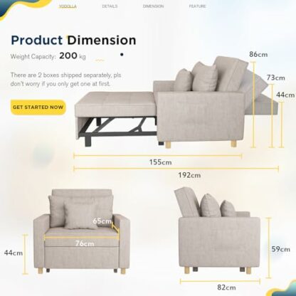 YODOLLA Single Sofa Bed Chair,3-in-1 Sleeper Chair Bed,Single Sofa Bed for Small Room,Convertible Sofa Chair Pull Out Adjustable Single Armchair Bed With Side Pocket, Beige - Image 3