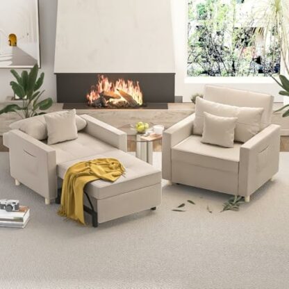 YODOLLA Single Sofa Bed Chair,3-in-1 Sleeper Chair Bed,Single Sofa Bed for Small Room,Convertible Sofa Chair Pull Out Adjustable Single Armchair Bed With Side Pocket, Beige - Image 4