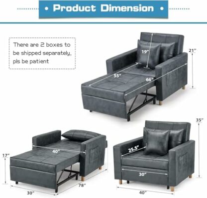 YODOLLA Single Sofa Bed Chair,3-in-1 Sleeper Chair Bed,Single Sofa Bed for Small Room,Convertible Sofa Chair Pull Out Adjustable Single Armchair Bed With Side Pocket, Bronze Dark Grey - Image 3