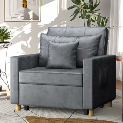 YODOLLA Single Sofa Bed Chair,3-in-1 Sleeper Chair Bed,Single Sofa Bed for Small Room,Convertible Sofa Chair Pull Out Adjustable Single Armchair Bed With Side Pocket, Bronze Dark Grey - Image 2