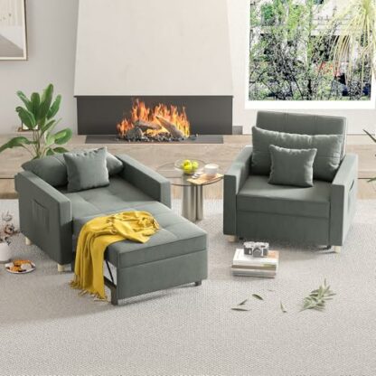 YODOLLA Single Sofa Bed Chair,3-in-1 Sleeper Chair Bed,Single Sofa Bed for Small Room,Convertible Sofa Chair Pull Out Adjustable Single Armchair Bed With Side Pocket, Dark Grey - Image 4