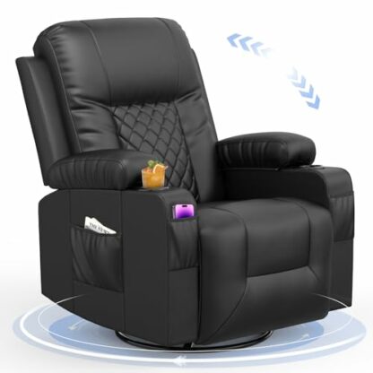 YONISEE Recliner Chair, Swivel Recliner Rocker Chairs with 360° Rotate & 125° Rocking Mechanism, Extended Footrest, Swivel Armchair Single Sofa Living Room Lounge with Drink Holders & Side Pockets - Image 2